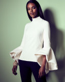 Bell-Sleeve Turtleneck Peplum-Back Top, Ivory