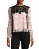 Long-Sleeve Lace Colorblock Top, Black/Blush