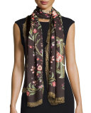 Galaxy Garden Printed Voile Scarf, Black