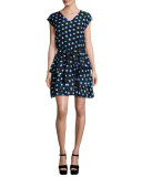 Cap-Sleeve Ruffled Polka-Dot Shirtdress, Blue/White