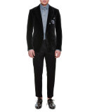 Rose-Embroidered Two-Button Velvet Jacket, Charcoal