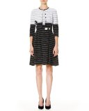 Leaf-Embroidered 3/4-Sleeve Cardigan, White/Black