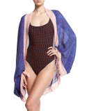Ferma Polka Dot Linen-Blend Pareo, Blue/Pink