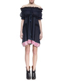 Off-The-Shoulder Contrast-Hem Dress, Navy