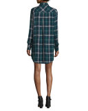 Bianca Plaid Long-Sleeve Shirtdress, Forest/Navy/White