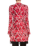 Long-Sleeve Intarsia Split-Hem Tunic, Red/Combo