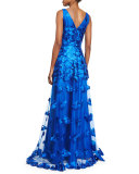 Sleeveless Floral-Appliqué A-Line Gown, Blue