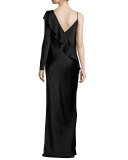 Satin Asymmetric Ruffle Gown, Black