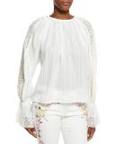 Lace-Trim Voile Peasant Blouse, White