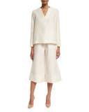 Large-Cuff Culotte Pants, Ivory