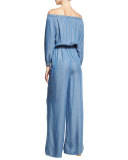 Long-Sleeve Off-the-Shoulder Jumpsuit, Blue