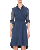 Mesh-Inset Drawstring-Waist Shirtdress, Denim