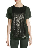 Sequined Mesh-Overlay Tee, Fir