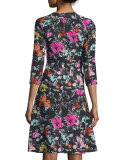 3/4-Sleeve Poppy-Print Dress, Black/Multi