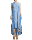 Sleeveless Tiered High-Low Dress, Light Blue