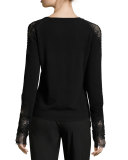 Nella V-Neck Lace-Yoke Cashmere Sweater, Black