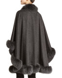Cashmere Fox Fur-Trim Cape, Charcoal