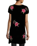 Auri Short-Sleeve Rose-Embroidered Velvet Tunic, Black