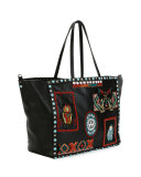Rockstud Rolling Medium Beaded-Patch Tote Bag, Black/Multi