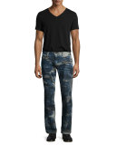 Coated Paint-Splatter Denim Jeans, Blue Pattern