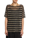 Short-Sleeve Painterly Striped Linen Top