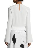 Long-Sleeve Pleated Silk Blouse, White