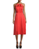 Sleeveless Pleated-Bodice Dress, Poppy Red