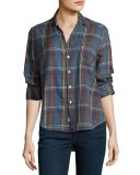 Eileen Plaid Button-Front Shirt, Blue/Orange