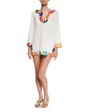 Crinkle Cotton Coverup Tunic w/Banana Leaf Trim