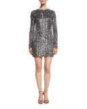 Sequined Long-Sleeve Mini Dress, Noir