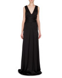Sleeveless Seamed-Waist A-Line Gown, Black