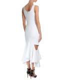 Sleeveless Draped Flounce-Hem Dress, White