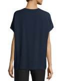 Pintuck Split-Neck Silk Top, Coastal