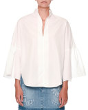 Full-Sleeve Cutaway-Hem Poplin Blouse, White