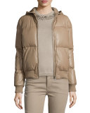 Hooded Leather Puffer Jacket, Taupe