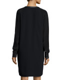 Long-Sleeve Mixed Media V-Neck Dress