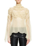 Long-Sleeve Mock-Neck Rosette Top, Beige