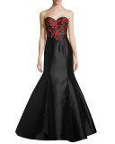 Strapless Embroidered Satin Gown, Black/Multicolor