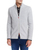 Ribbed Cashmere Full-Zip Cardigan, Light Gray