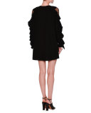 Lace-Inset Ruffled Long-Sleeve Dress, Black