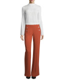 Long-Sleeve Silk Blouse w/Pintucked Yoke, White