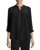 Long-Sleeve Stud-Trim Silk Blouse 