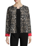 Leopard Open-Front Jacket W/Contrast Cuffs, Black/Multi