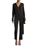 Silk Crossover Tie Blouse, Black