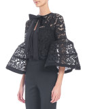 Bell-Sleeve Lace Jacket with Bow, Black