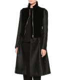 A-Line Bracelet-Sleeve Coat w/Velvet Vest, Black