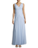 Sleeveless V-Neck Ruched-Bodice Tulle Gown, Dust Blue  