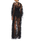 Sheer Floral-Lace Long-Sleeve Gown, Black