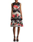 Sleeveless Floral Jacquard A-Line Cocktail Dress, Black/Multicolor