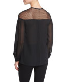 Sheer-Yoke Pleated Blouse, Black